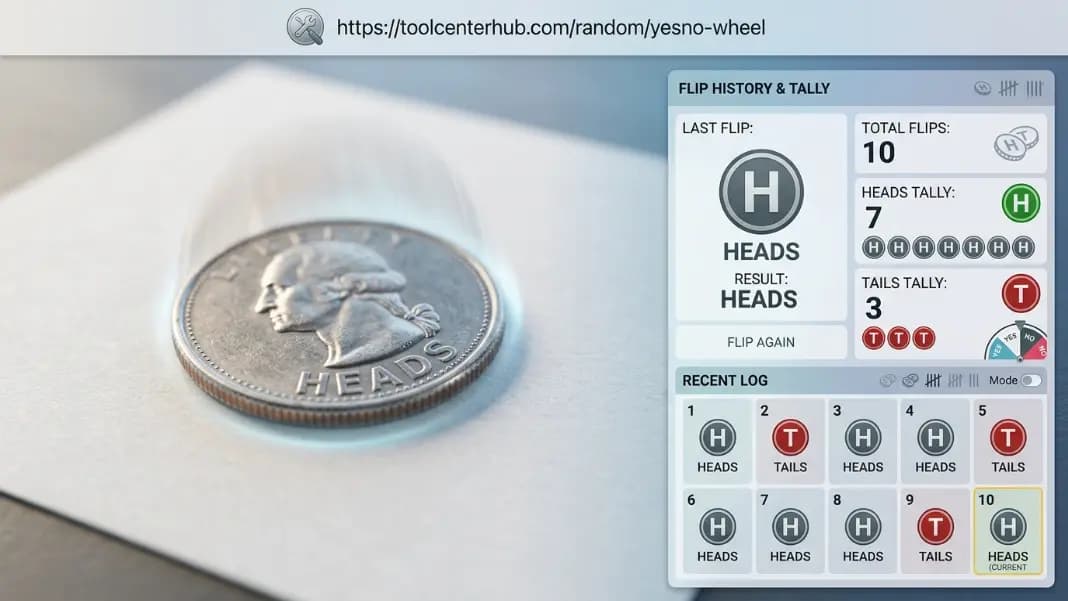 Coin flip result showing a coin landing on heads with a running tally panel showing seven heads and three tails from ten total flips, demonstrating the history tracking feature Coin flip result showing a coin landing on heads with a running tally panel showing seven heads and three tails from ten total flips, demonstrating the history tracking feature