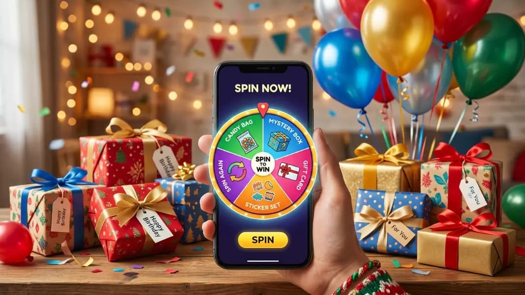 A phone showing a birthday prize wheel with segments labeled Candy Bag, Mystery Box, Gift Card, Sticker Set, and Spin Again in festive birthday colors, surrounded by wrapped presents and colorful balloons on a decorated party table A phone showing a birthday prize wheel with segments labeled Candy Bag, Mystery Box, Gift Card, Sticker Set, and Spin Again in festive birthday colors, surrounded by wrapped presents and colorful balloons on a decorated party table