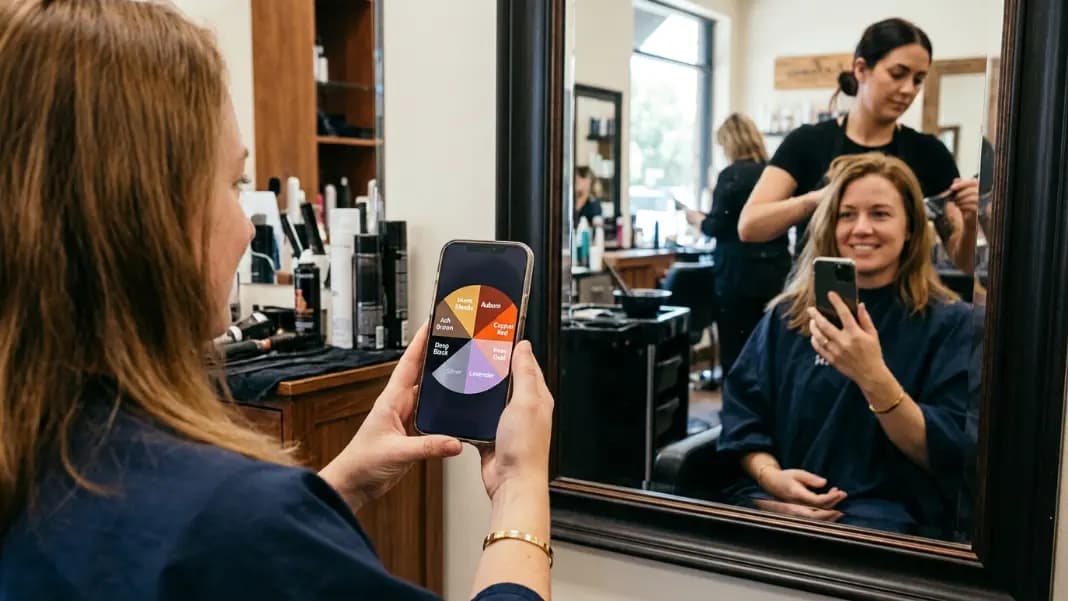 A phone screen showing a hair color wheel spinner with eight segments labeled Warm Blonde, Ash Brown, Auburn, Rose Gold, Deep Black, Copper Red, Lavender, and Silver in corresponding colors, held beside a salon mirror reflecting a person's hair A phone screen showing a hair color wheel spinner with eight segments labeled Warm Blonde, Ash Brown, Auburn, Rose Gold, Deep Black, Copper Red, Lavender, and Silver in corresponding colors, held beside a salon mirror reflecting a person's hair