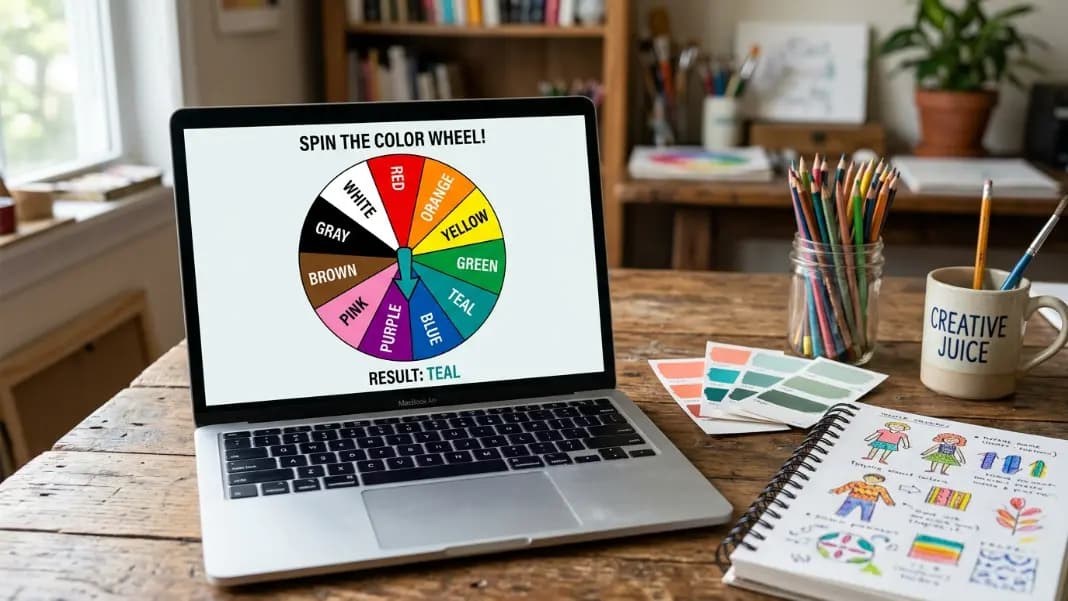 A wheel spinner interface on a laptop screen showing 12 colorful segments each labeled with a color name including Red, Orange, Yellow, Green, Teal, Blue, Purple, Pink, Brown, Gray, Black, and White in bold text on corresponding colored backgrounds, with the result arrow pointing to Teal, on a creative desk surrounded by colored pencils, paint swatches, and an open sketchbook A wheel spinner interface on a laptop screen showing 12 colorful segments each labeled with a color name including Red, Orange, Yellow, Green, Teal, Blue, Purple, Pink, Brown, Gray, Black, and White in bold text on corresponding colored backgrounds, with the result arrow pointing to Teal, on a creative desk surrounded by colored pencils, paint swatches, and an open sketchbook
