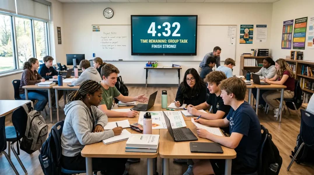 Online countdown timer interface on a large display screen at the front of a bright classroom, showing 4:32 remaining in large white digits on a dark teal background, students visible at desks working on a group task in the foreground, natural light from windows on the left side of the frame Online countdown timer interface on a large display screen at the front of a bright classroom, showing 4:32 remaining in large white digits on a dark teal background, students visible at desks working on a group task in the foreground, natural light from windows on the left side of the frame