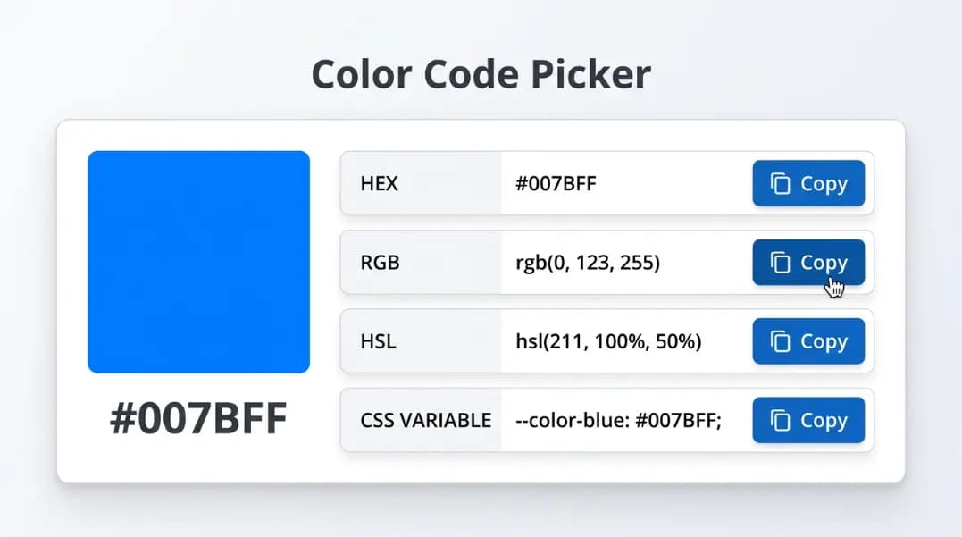 A color swatch showing one blue color displayed in HEX, RGB, HSL, and CSS variable formats side by side with copy buttons for each A color swatch showing one blue color displayed in HEX, RGB, HSL, and CSS variable formats side by side with copy buttons for each