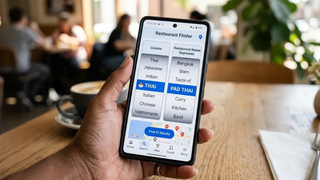 A phone showing two wheel spinner tabs visible in a mobile browser, left wheel labeled First Spin showing Cuisine result Thai highlighted, right wheel labeled Second Spin showing restaurant names as segments on a table beside takeout menus A phone showing two wheel spinner tabs visible in a mobile browser, left wheel labeled First Spin showing Cuisine result Thai highlighted, right wheel labeled Second Spin showing restaurant names as segments on a table beside takeout menus