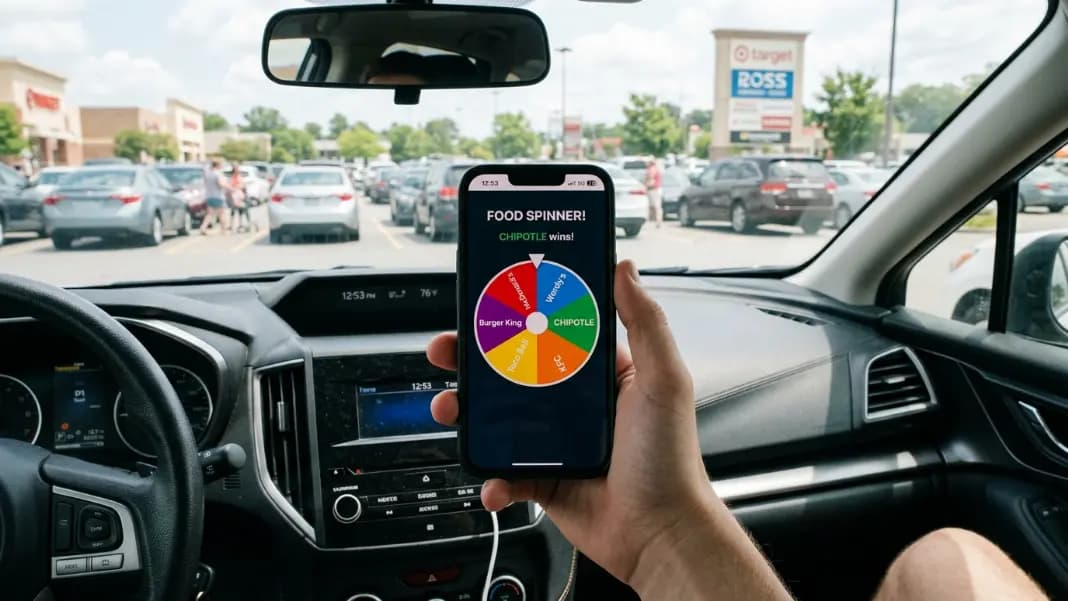 A phone displaying a food wheel spinner with six fast food restaurant names as colored segments, with the result arrow pointing to Chipotle, held above a car dashboard while parked in a lot A phone displaying a food wheel spinner with six fast food restaurant names as colored segments, with the result arrow pointing to Chipotle, held above a car dashboard while parked in a lot