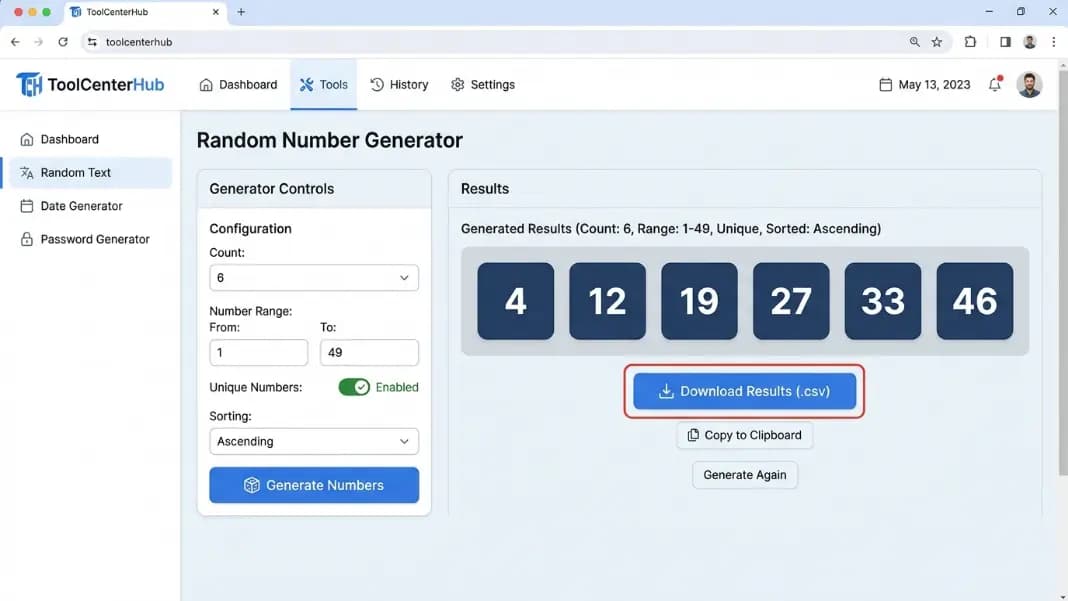 A ToolCenterHub random number generator interface showing count set to 6, range 1 to 49, unique mode enabled, with six unique numbers sorted ascending in the results panel and a download button visible below A ToolCenterHub random number generator interface showing count set to 6, range 1 to 49, unique mode enabled, with six unique numbers sorted ascending in the results panel and a download button visible below