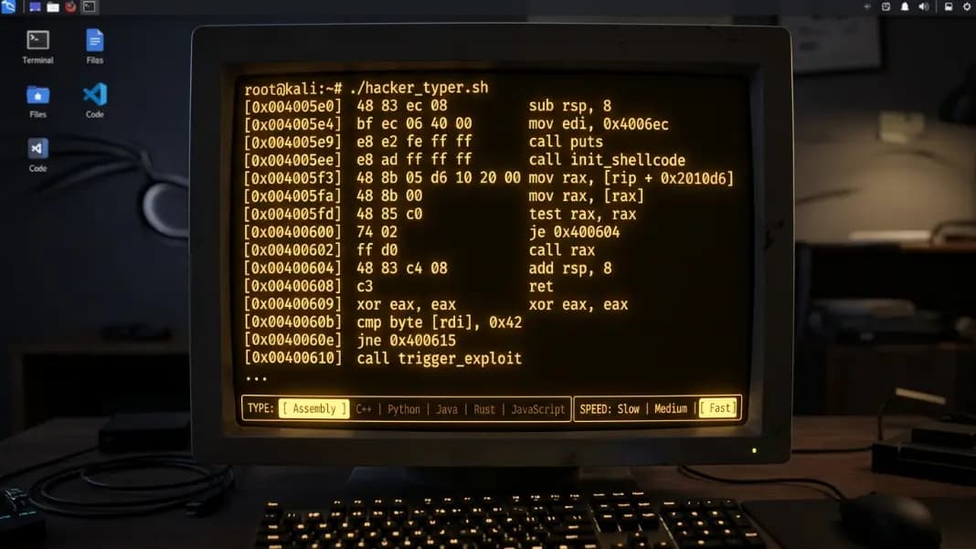 A Hacker Typer terminal in amber theme showing the x86-64 Assembly code snippet filling the screen, with the code type selector showing Assembly highlighted and the speed set to Fast in the controls panel below the terminal on a dark desktop background A Hacker Typer terminal in amber theme showing the x86-64 Assembly code snippet filling the screen, with the code type selector showing Assembly highlighted and the speed set to Fast in the controls panel below the terminal on a dark desktop background
