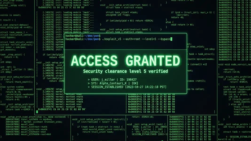 A browser window in fullscreen showing the Hacker Typer terminal with the ACCESS GRANTED overlay active, displaying large glowing green text reading ACCESS GRANTED with a subtitle Security clearance level 5 verified, over a dark background filled with scrolling code A browser window in fullscreen showing the Hacker Typer terminal with the ACCESS GRANTED overlay active, displaying large glowing green text reading ACCESS GRANTED with a subtitle Security clearance level 5 verified, over a dark background filled with scrolling code