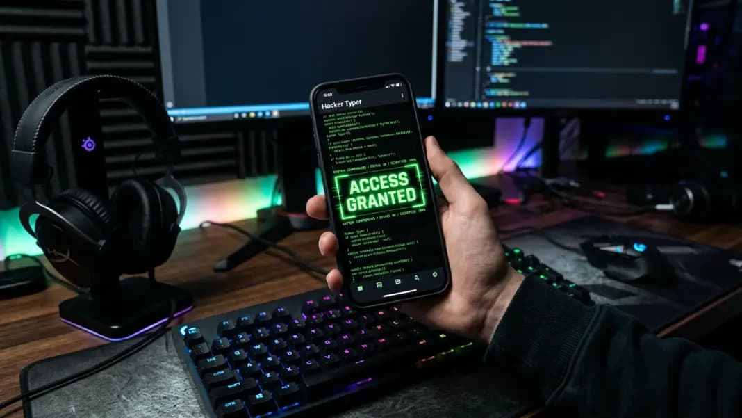 A phone screen showing Hacker Typer in green theme with the ACCESS GRANTED overlay active in large glowing text, held by a hand above a gaming desk with a keyboard and headset visible, suggesting a mobile gaming prank setup during a session A phone screen showing Hacker Typer in green theme with the ACCESS GRANTED overlay active in large glowing text, held by a hand above a gaming desk with a keyboard and headset visible, suggesting a mobile gaming prank setup during a session