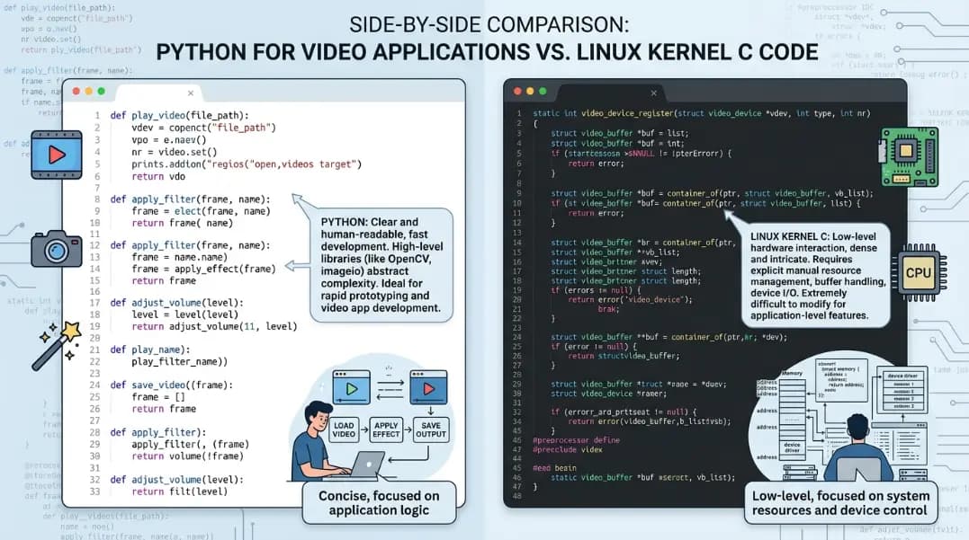 A two-panel comparison showing Python code output filling a hacking simulator terminal on the left at readable thumbnail size with function names clearly visible, and Linux Kernel C code on the right at the same size with dense character sequences that are harder to read, illustrating why Python is the correct code type for video content A two-panel comparison showing Python code output filling a hacking simulator terminal on the left at readable thumbnail size with function names clearly visible, and Linux Kernel C code on the right at the same size with dense character sequences that are harder to read, illustrating why Python is the correct code type for video content