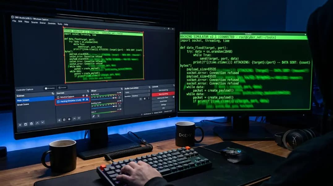 A developer workstation with a hacking simulator running on a secondary monitor in fullscreen showing scrolling green Python code, with OBS Studio open on the primary monitor showing the window capture source selected and the terminal preview in the OBS canvas A developer workstation with a hacking simulator running on a secondary monitor in fullscreen showing scrolling green Python code, with OBS Studio open on the primary monitor showing the window capture source selected and the terminal preview in the OBS canvas