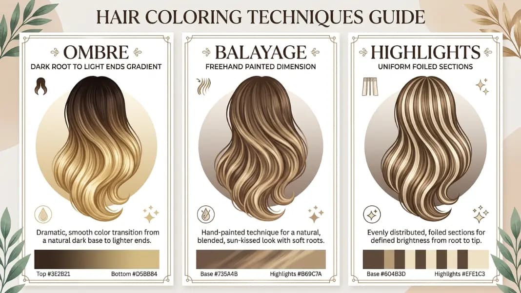 A side-by-side diagram showing three hair coloring technique names with labeled swatches: ombre with a gradient from dark roots to lighter ends, balayage with freehand swept highlights concentrated toward the midshafts and ends, and highlights with uniform bright foiled sections throughout the hair, each labeled with the technique name and typical hex code range A side-by-side diagram showing three hair coloring technique names with labeled swatches: ombre with a gradient from dark roots to lighter ends, balayage with freehand swept highlights concentrated toward the midshafts and ends, and highlights with uniform bright foiled sections throughout the hair, each labeled with the technique name and typical hex code range
