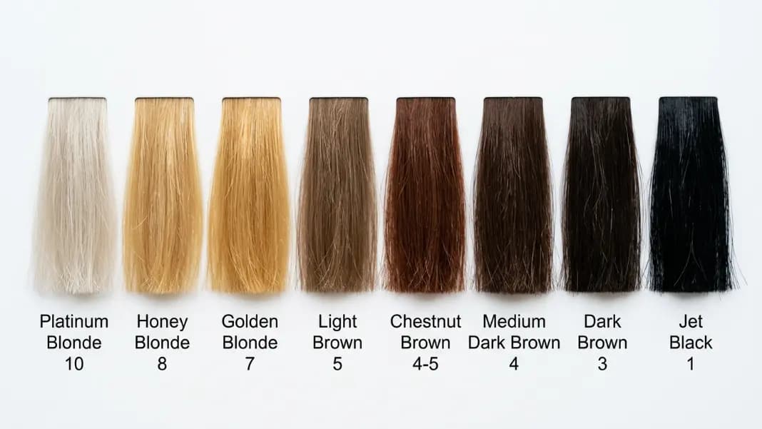 A horizontal row of hair color swatches ranging from platinum blonde on the left through honey blonde, golden blonde, light brown, chestnut, medium brown, dark brown, and jet black on the right, each labeled with the professional color name and level number, displayed on a white background A horizontal row of hair color swatches ranging from platinum blonde on the left through honey blonde, golden blonde, light brown, chestnut, medium brown, dark brown, and jet black on the right, each labeled with the professional color name and level number, displayed on a white background