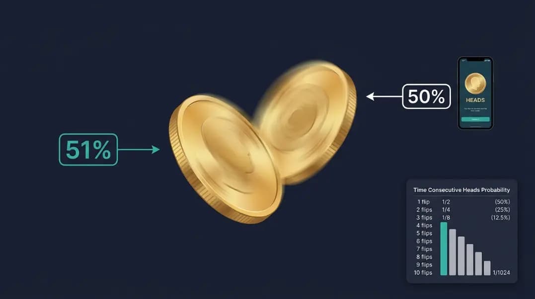 A gold coin photographed mid-flip against a dark navy background with motion blur on both sides, a teal data label reading 51% on the left pointing to the heads face and a white label reading 50% on the right pointing to a smartphone screen showing a digital coin flip result, with a small probability table in the lower right corner showing consecutive heads probability from 1 to 10 flips on a dark card A gold coin photographed mid-flip against a dark navy background with motion blur on both sides, a teal data label reading 51% on the left pointing to the heads face and a white label reading 50% on the right pointing to a smartphone screen showing a digital coin flip result, with a small probability table in the lower right corner showing consecutive heads probability from 1 to 10 flips on a dark card