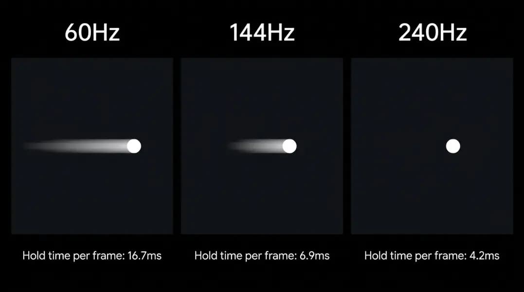 Three side-by-side panels on a dark background showing a fast-moving white dot at 60Hz with a long motion blur trail, at 144Hz with a noticeably shorter blur trail, and at 240Hz with the dot nearly sharp and minimal blur, with frame hold time labels below each panel reading 16.7ms, 6.9ms, and 4.2ms respectively Three side-by-side panels on a dark background showing a fast-moving white dot at 60Hz with a long motion blur trail, at 144Hz with a noticeably shorter blur trail, and at 240Hz with the dot nearly sharp and minimal blur, with frame hold time labels below each panel reading 16.7ms, 6.9ms, and 4.2ms respectively