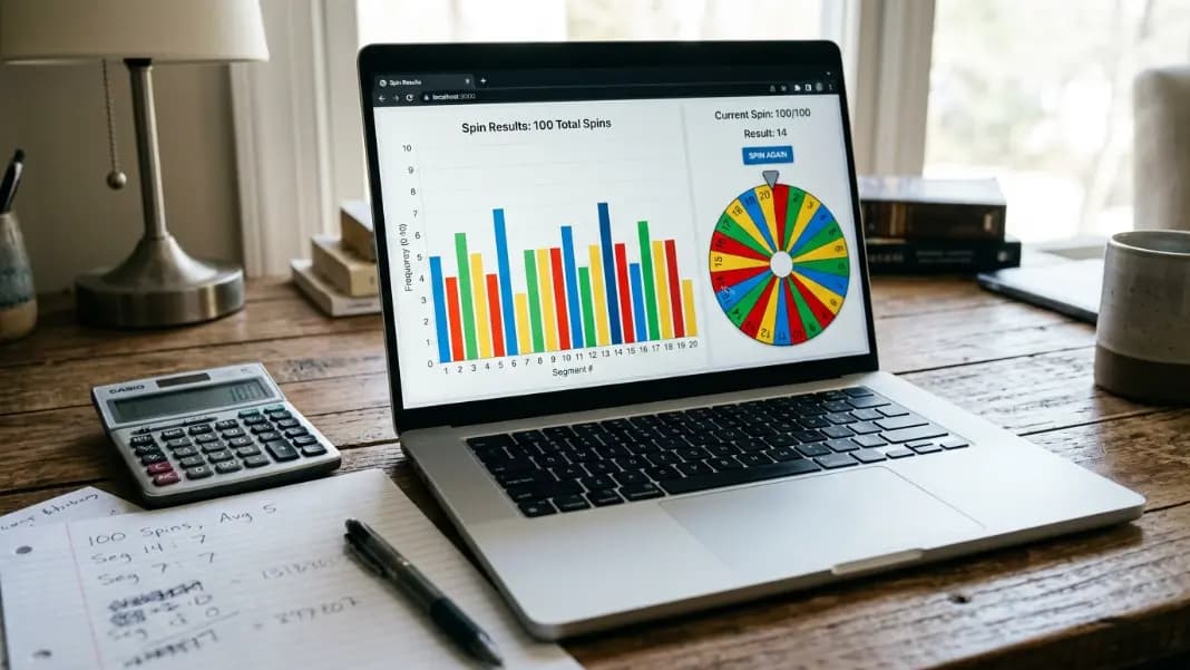 A bar chart next to a wheel spinner interface on a laptop screen, showing actual spin results over 100 spins with bars roughly matching the expected equal distribution across all segments, with small natural variation visible, on a desk with a calculator and notes A bar chart next to a wheel spinner interface on a laptop screen, showing actual spin results over 100 spins with bars roughly matching the expected equal distribution across all segments, with small natural variation visible, on a desk with a calculator and notes