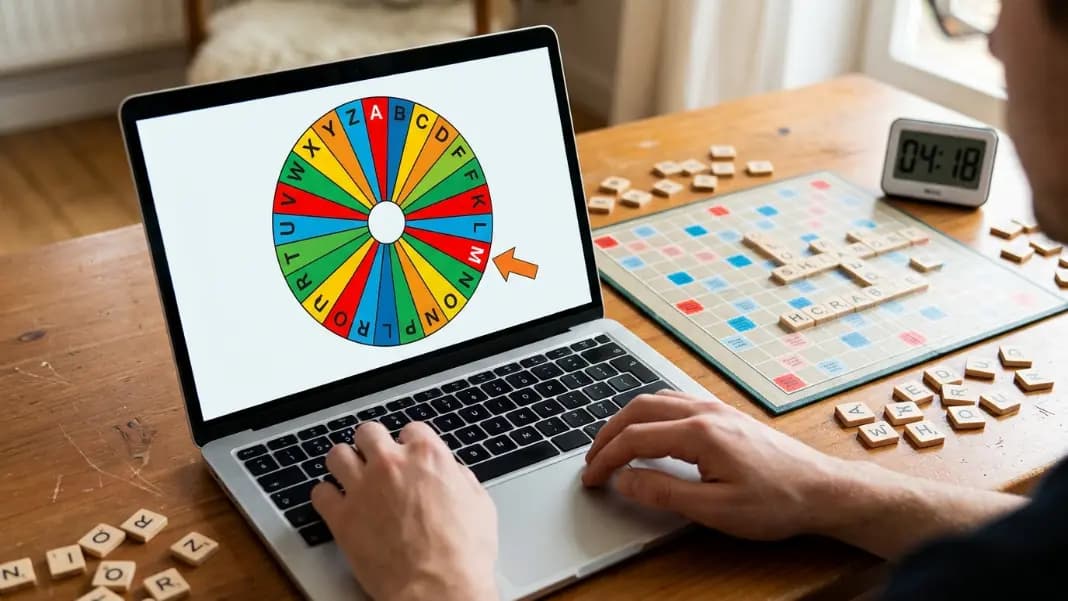 A phone screen showing a 26-letter alphabet wheel spinner with each letter in a different colored segment, the result arrow pointing to letter Q, held beside a notebook with handwritten words starting with Q and a pencil on a writing desk A phone screen showing a 26-letter alphabet wheel spinner with each letter in a different colored segment, the result arrow pointing to letter Q, held beside a notebook with handwritten words starting with Q and a pencil on a writing desk