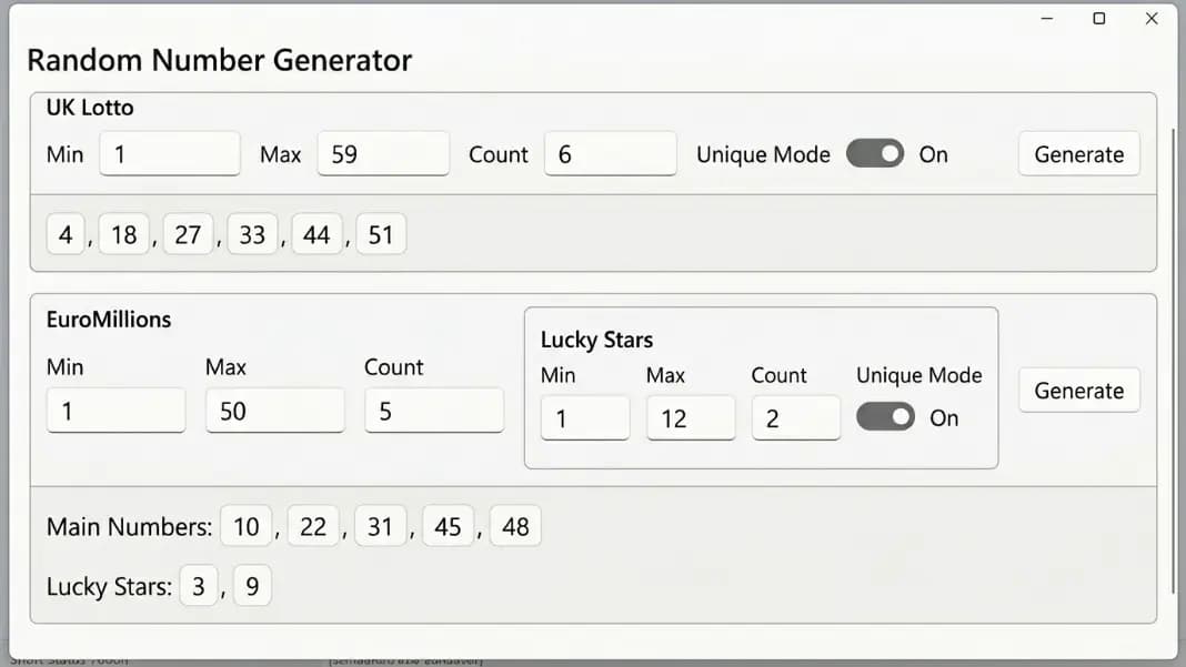 A random number generator settings panel showing two configuration rows side by side: top row labeled UK Lotto with min 1, max 59, count 6, unique mode on, displaying results 4, 18, 27, 33, 44, 51; bottom row labeled EuroMillions with min 1, max 50, count 5, and a second smaller panel showing Lucky Stars with min 1, max 12, count 2, unique mode on, displaying results 3 and 9 A random number generator settings panel showing two configuration rows side by side: top row labeled UK Lotto with min 1, max 59, count 6, unique mode on, displaying results 4, 18, 27, 33, 44, 51; bottom row labeled EuroMillions with min 1, max 50, count 5, and a second smaller panel showing Lucky Stars with min 1, max 12, count 2, unique mode on, displaying results 3 and 9