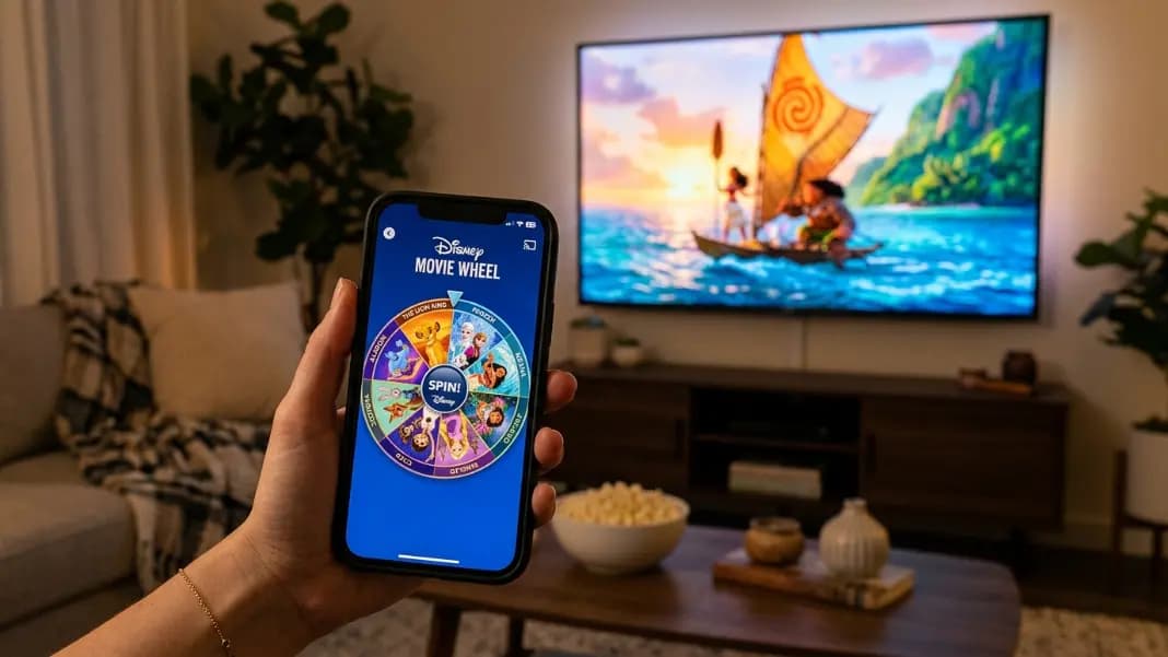 A phone showing a Disney movie wheel spinner with segments labeled Lion King, Frozen, Moana, Encanto, Tangled, Coco, and Zootopia in bright animated colors, held in front of a TV showing an animated movie menu screen in a cozy living room A phone showing a Disney movie wheel spinner with segments labeled Lion King, Frozen, Moana, Encanto, Tangled, Coco, and Zootopia in bright animated colors, held in front of a TV showing an animated movie menu screen in a cozy living room