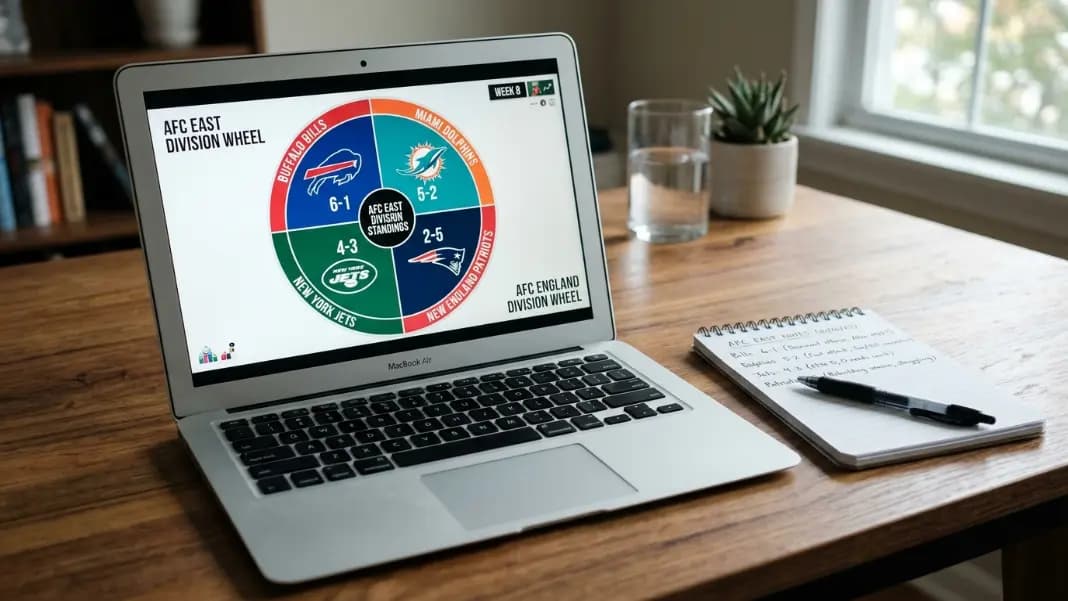 A laptop showing an NFL division wheel spinner with AFC East team names Bills, Dolphins, Patriots, and Jets as four large equal segments in team colors, beside a notepad with weekly game predictions and a football on a living room table A laptop showing an NFL division wheel spinner with AFC East team names Bills, Dolphins, Patriots, and Jets as four large equal segments in team colors, beside a notepad with weekly game predictions and a football on a living room table