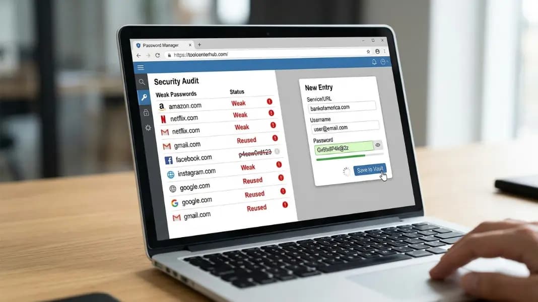A laptop screen showing a password manager audit view with a list of weak and reused passwords flagged in red, alongside a generated strong password being saved to a new entry in the vault A laptop screen showing a password manager audit view with a list of weak and reused passwords flagged in red, alongside a generated strong password being saved to a new entry in the vault