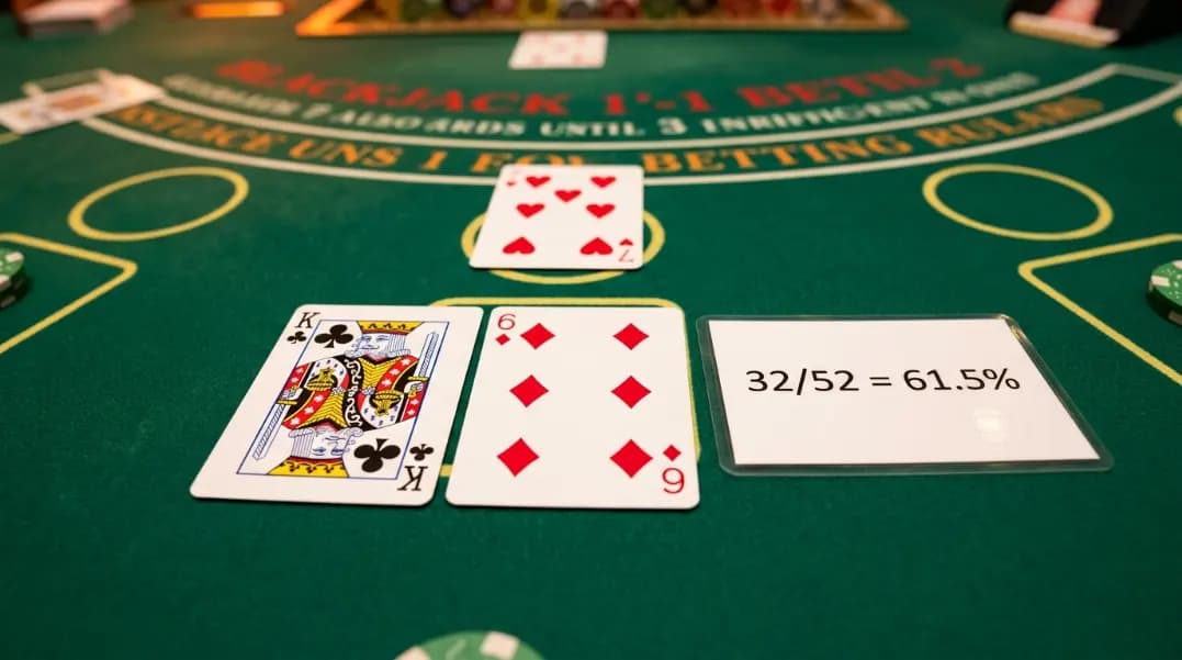A Blackjack hand showing two cards totaling 16 next to a dealer upcard of 7 on a green felt surface, with a probability notation card showing 32 out of 52 visible beside the hand A Blackjack hand showing two cards totaling 16 next to a dealer upcard of 7 on a green felt surface, with a probability notation card showing 32 out of 52 visible beside the hand