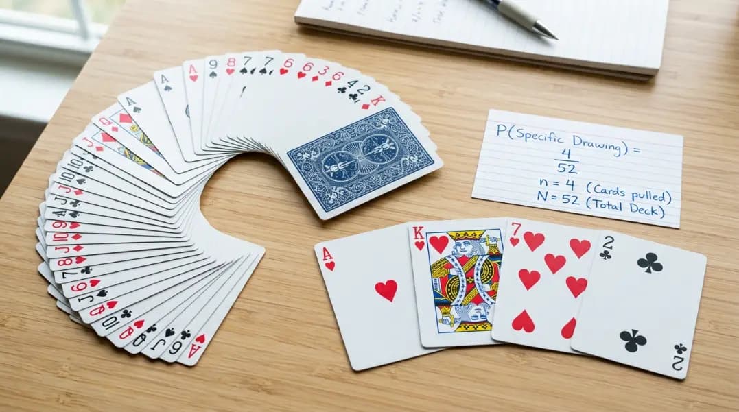 A 52-card deck spread in a fan arrangement on a clean surface with four cards pulled out and separated showing an ace, a king, a seven of hearts, and a two of clubs, with a probability fraction written beside them on a small notecard A 52-card deck spread in a fan arrangement on a clean surface with four cards pulled out and separated showing an ace, a king, a seven of hearts, and a two of clubs, with a probability fraction written beside them on a small notecard