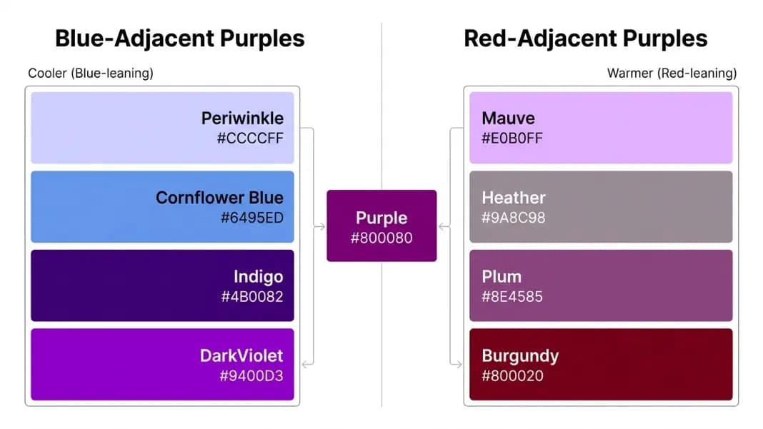 A split diagram showing the purple color spectrum with blue-adjacent shades on the left labeled periwinkle, cornflower, indigo, and darkviolet, and red-adjacent shades on the right labeled mauve, heather, plum, and burgundy, with hex codes visible on each swatch, illustrating where pure purple sits between the two color families A split diagram showing the purple color spectrum with blue-adjacent shades on the left labeled periwinkle, cornflower, indigo, and darkviolet, and red-adjacent shades on the right labeled mauve, heather, plum, and burgundy, with hex codes visible on each swatch, illustrating where pure purple sits between the two color families