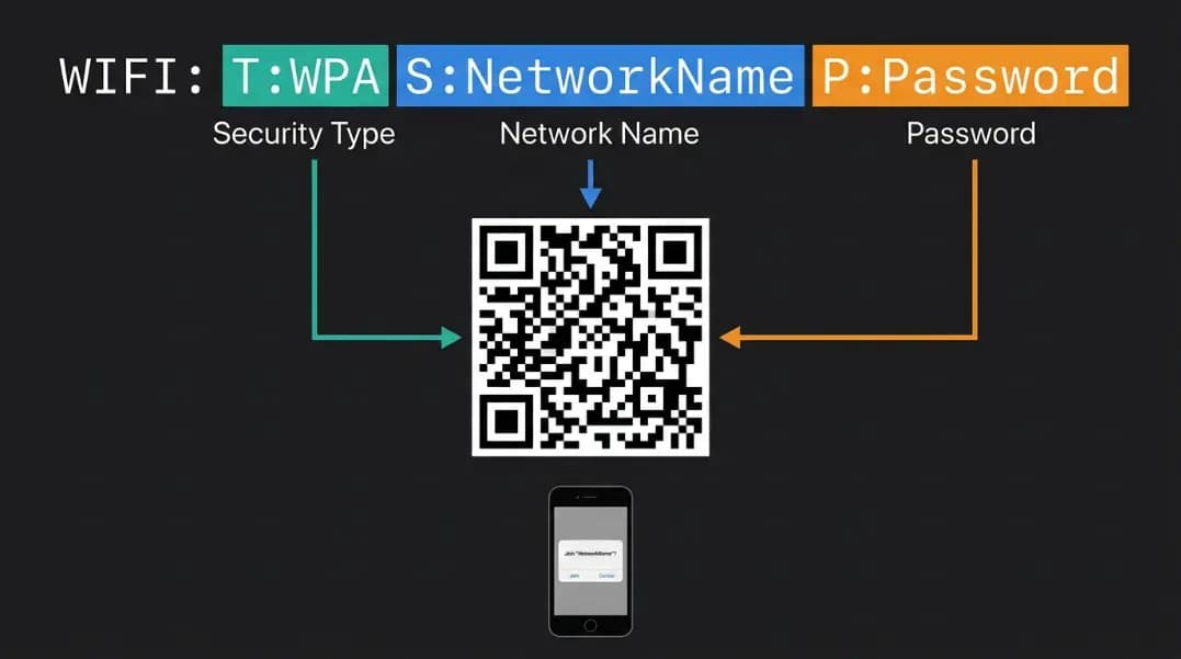 Technical diagram on a dark background showing the WiFi QR code text format broken into four color-coded segments, WIFI: in white, T:WPA in teal labeled Security Type, S:NetworkName in blue labeled Network Name, and P:Password in orange labeled Password, with arrows pointing from each segment to the corresponding part of a QR code image below, and a small smartphone icon at the bottom showing a join network notification screen Technical diagram on a dark background showing the WiFi QR code text format broken into four color-coded segments, WIFI: in white, T:WPA in teal labeled Security Type, S:NetworkName in blue labeled Network Name, and P:Password in orange labeled Password, with arrows pointing from each segment to the corresponding part of a QR code image below, and a small smartphone icon at the bottom showing a join network notification screen