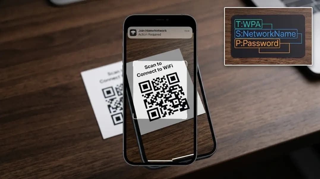 Smartphone in portrait orientation with its camera pointing at a printed WiFi QR code on a white card against a dark wooden desk, the phone screen showing a banner notification reading Join HomeNetwork, with a small inset diagram in the upper right corner showing the WIFI text encoding format broken into labeled fields on a dark card Smartphone in portrait orientation with its camera pointing at a printed WiFi QR code on a white card against a dark wooden desk, the phone screen showing a banner notification reading Join HomeNetwork, with a small inset diagram in the upper right corner showing the WIFI text encoding format broken into labeled fields on a dark card