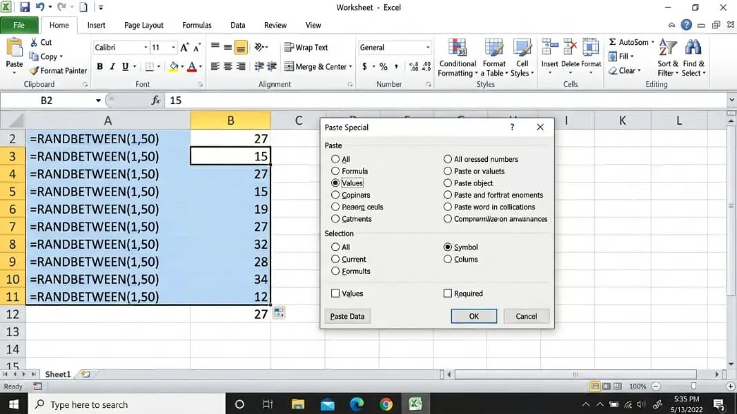 A Microsoft Excel spreadsheet showing column A with ten RANDBETWEEN(1,50) formulas highlighted in blue, a Paste Special dialog box open with the Values radio button selected, and column B showing the same numbers pasted as static values with no formula in the formula bar A Microsoft Excel spreadsheet showing column A with ten RANDBETWEEN(1,50) formulas highlighted in blue, a Paste Special dialog box open with the Values radio button selected, and column B showing the same numbers pasted as static values with no formula in the formula bar