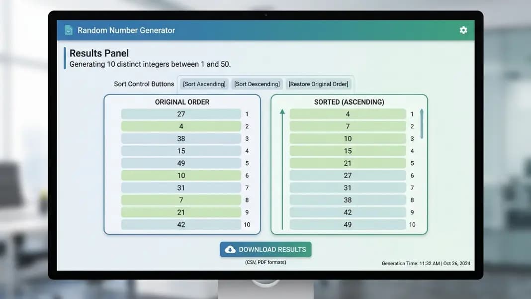 A random number generator results panel showing 10 numbers from a 1-50 range in their original generation order on the left, and the same 10 numbers sorted ascending on the right, with sort control buttons visible above the results and a download button below A random number generator results panel showing 10 numbers from a 1-50 range in their original generation order on the left, and the same 10 numbers sorted ascending on the right, with sort control buttons visible above the results and a download button below