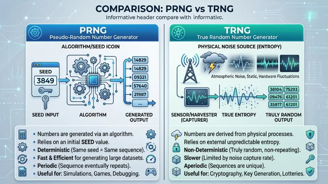 True random vs pseudo-random number generator comparison diagram True random vs pseudo-random number generator comparison diagram