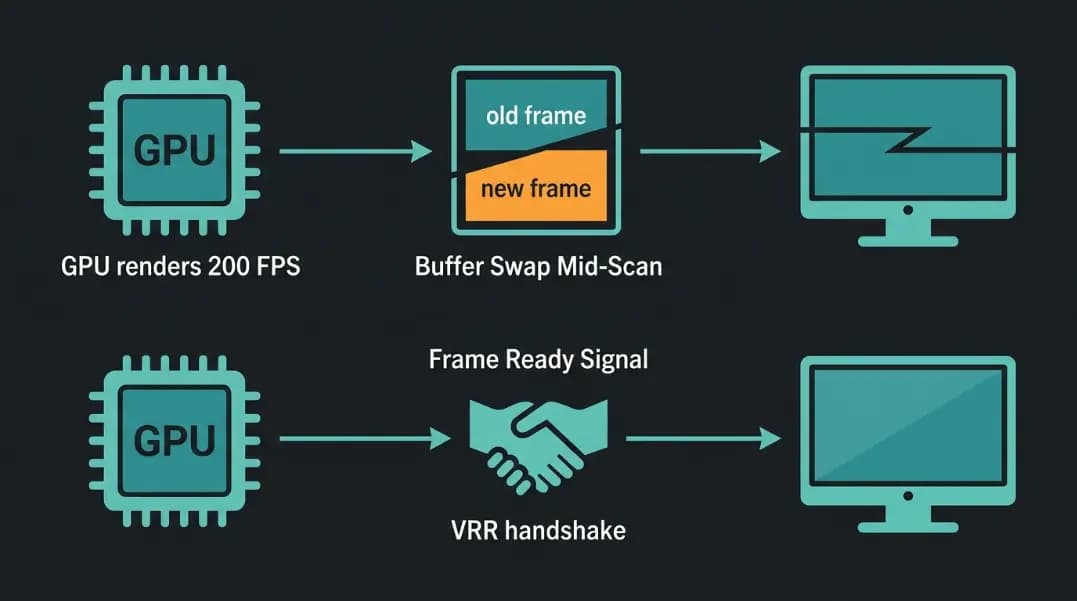 Flow diagram on a dark background showing a GPU labeled 200 FPS connecting to a frame buffer mid-swap with the top half from the old frame and the bottom half from the new frame, then to a monitor displaying a visible horizontal tear line, and below it a second flow showing the same GPU sending a VRR frame-ready signal to the monitor producing a clean tear-free output Flow diagram on a dark background showing a GPU labeled 200 FPS connecting to a frame buffer mid-swap with the top half from the old frame and the bottom half from the new frame, then to a monitor displaying a visible horizontal tear line, and below it a second flow showing the same GPU sending a VRR frame-ready signal to the monitor producing a clean tear-free output