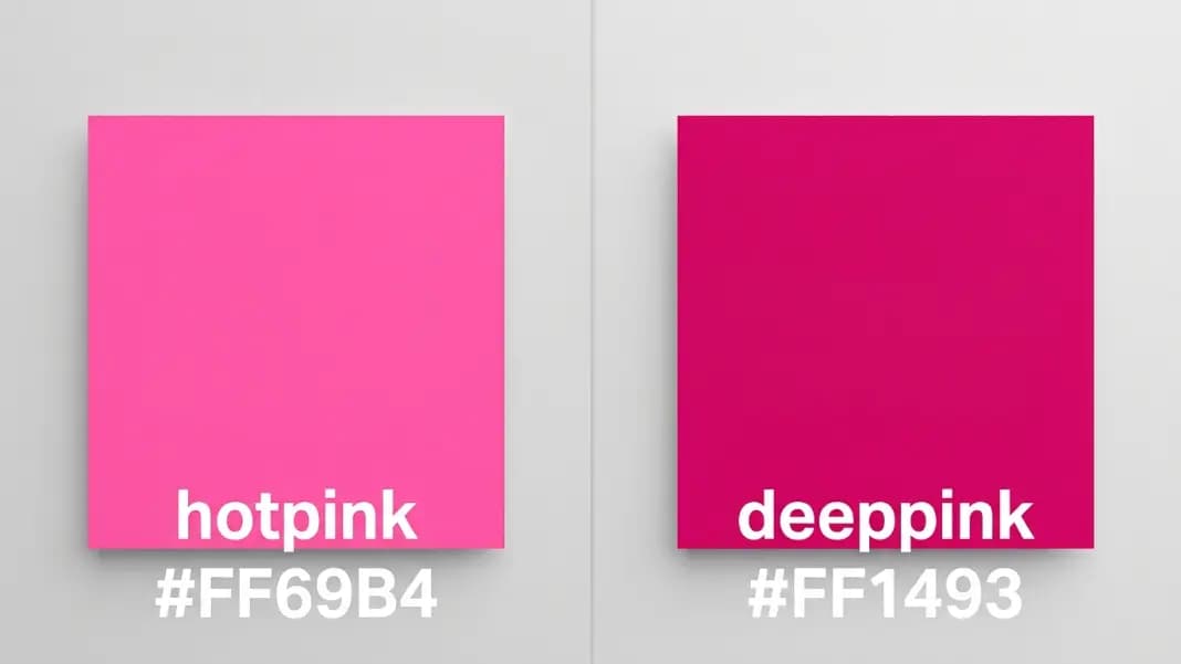 A close-up side-by-side comparison of hotpink (#FF69B4) on the left and deeppink (#FF1493) on the right, each displayed as a large color swatch with the CSS name and HEX code in white text centered below, showing the dramatic difference in saturation between the two despite both being called pink A close-up side-by-side comparison of hotpink (#FF69B4) on the left and deeppink (#FF1493) on the right, each displayed as a large color swatch with the CSS name and HEX code in white text centered below, showing the dramatic difference in saturation between the two despite both being called pink
