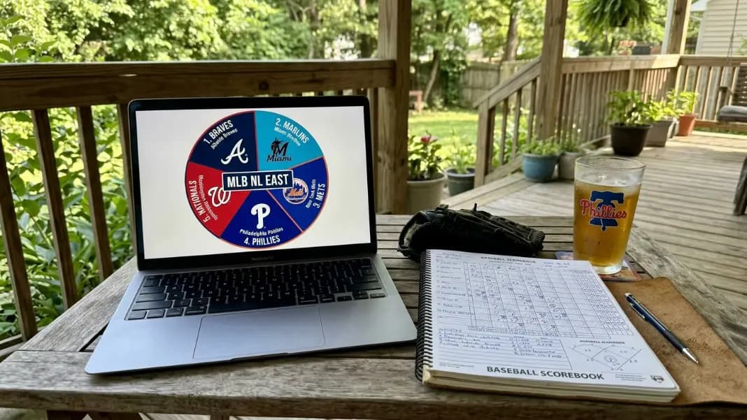 A laptop showing a sports team bracket seeding wheel with eight team names as equal segments, beside a printed tournament bracket with seeding positions filled in, and a pen marking matchup lines on a clipboard A laptop showing a sports team bracket seeding wheel with eight team names as equal segments, beside a printed tournament bracket with seeding positions filled in, and a pen marking matchup lines on a clipboard