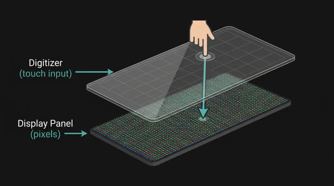 Cross-section exploded view diagram on a dark background showing two separated layers of a smartphone screen, the top layer labeled Digitizer with a faint capacitive sensor grid pattern and a finger icon above it, and the bottom layer labeled Display Panel showing a pixel grid, with an arrow indicating the signal path from finger touch through the digitizer layer down to the display, using white and teal labels on a dark technical illustration background Cross-section exploded view diagram on a dark background showing two separated layers of a smartphone screen, the top layer labeled Digitizer with a faint capacitive sensor grid pattern and a finger icon above it, and the bottom layer labeled Display Panel showing a pixel grid, with an arrow indicating the signal path from finger touch through the digitizer layer down to the display, using white and teal labels on a dark technical illustration background