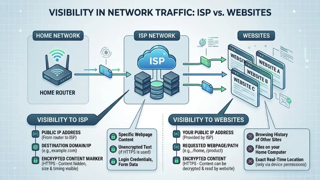A network diagram showing data flow from a home user through their ISP to various websites, with annotations indicating what information each party can see at each stage, including IP address visibility, DNS queries, and encrypted content A network diagram showing data flow from a home user through their ISP to various websites, with annotations indicating what information each party can see at each stage, including IP address visibility, DNS queries, and encrypted content