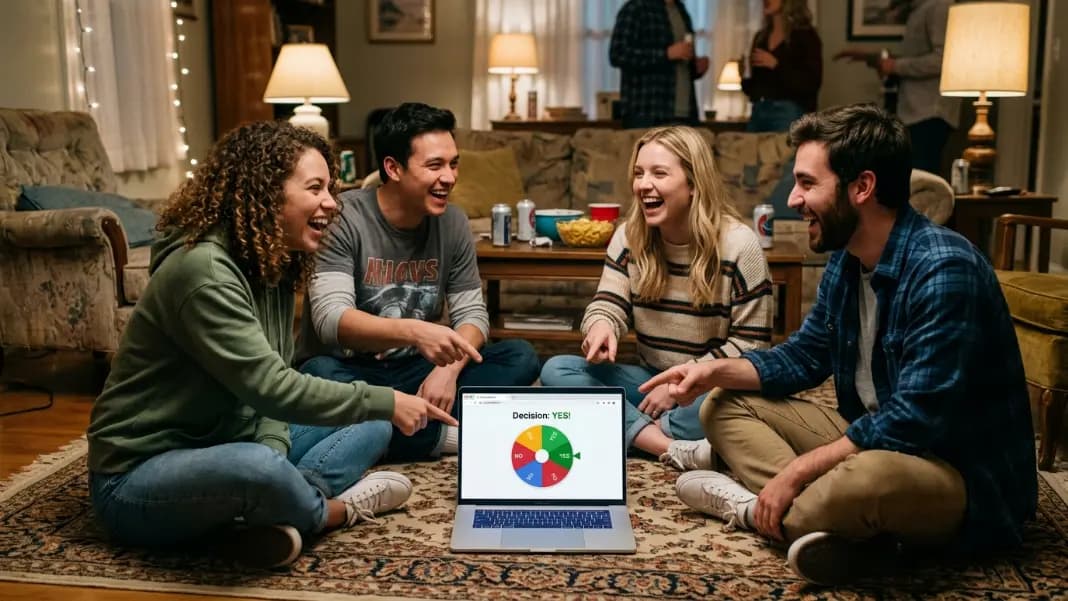 Four friends sitting in a circle on the floor around a laptop showing a yes or no wheel result, laughing and pointing at the screen during a home party game session Four friends sitting in a circle on the floor around a laptop showing a yes or no wheel result, laughing and pointing at the screen during a home party game session