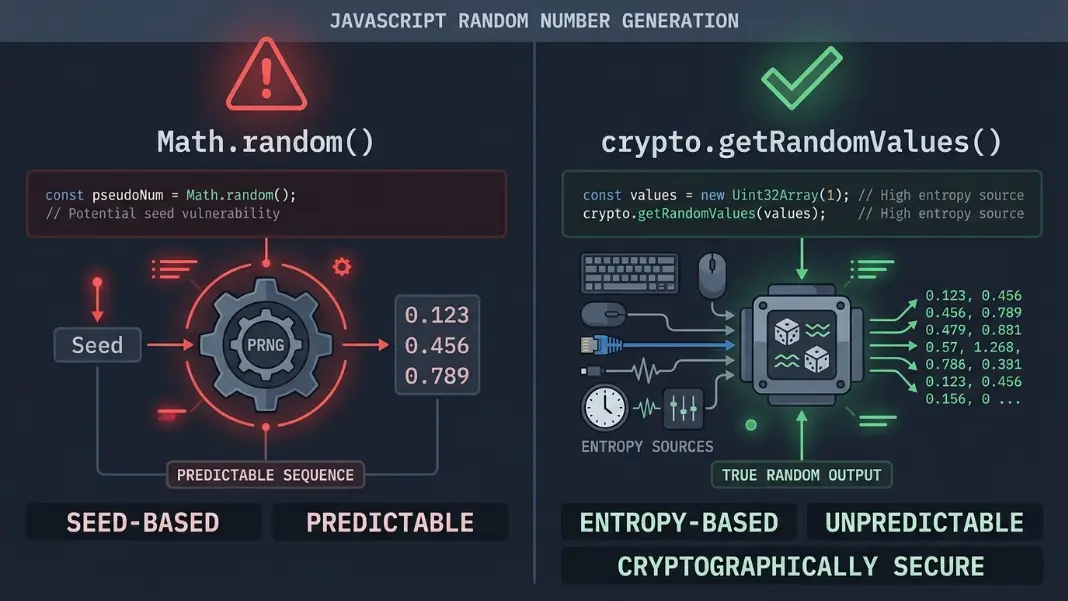 Split panel showing Math.random() labeled as seed-based and predictable on the left, and crypto.getRandomValues() labeled as entropy-based and unpredictable on the right, displayed in monospace code style on a dark background
