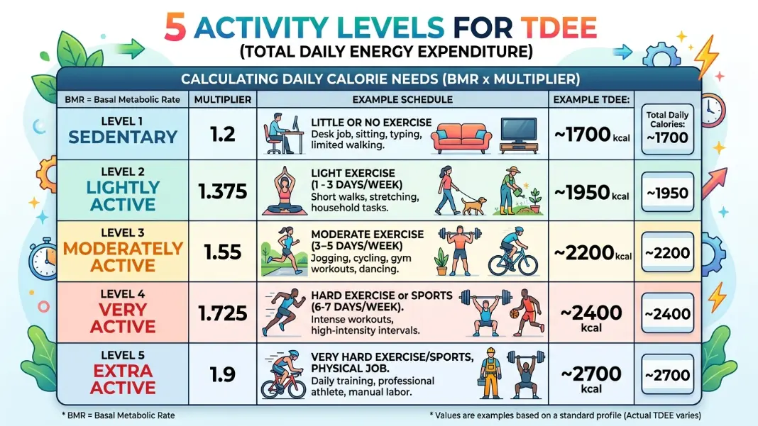 A table showing activity multiplier levels from sedentary to extra active with example daily schedules, calculated TDEE values for an example individual, and corresponding maintenance, deficit, and surplus targets