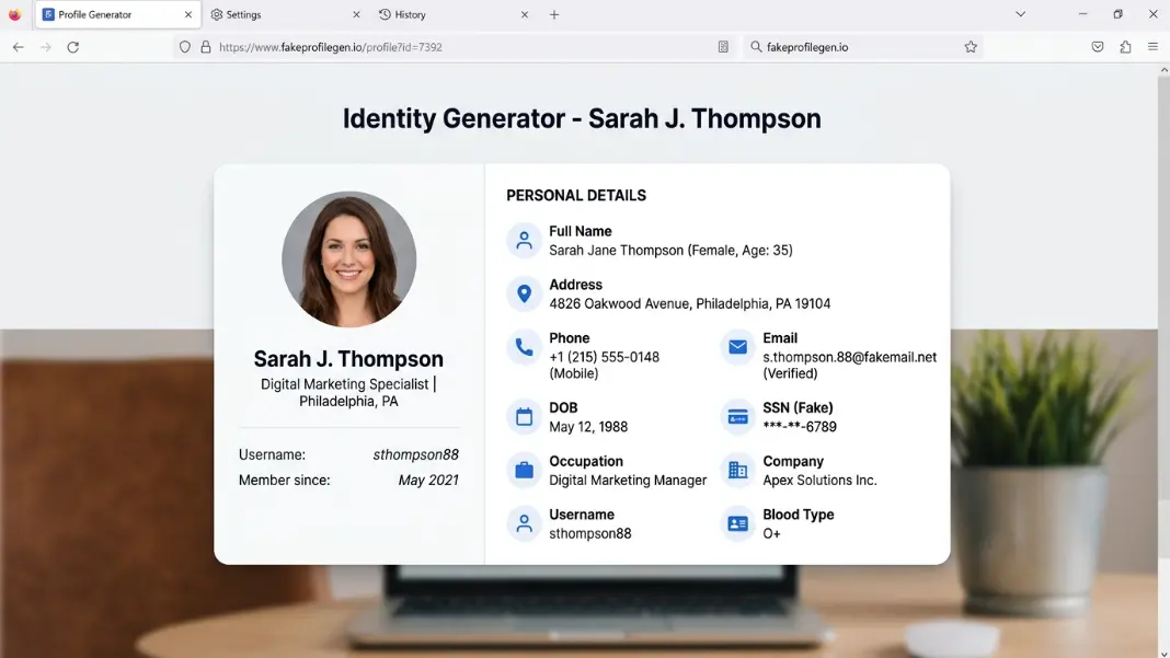 A fake identity generator tool showing a generated card with a fictional name, address, phone number, and email displayed in a clean browser interface