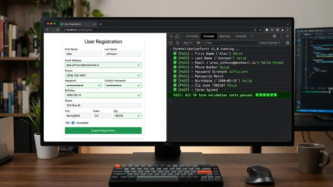 A web form on the left filled with fake identity data and a developer console on the right showing all validation checks passing, with the generated email and address highlighted
