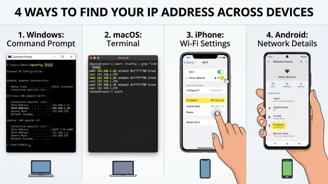 A four-panel side-by-side diagram showing how to find an IP address on each platform: a Windows Command Prompt window with ipconfig output and IPv4 Address highlighted, a Mac Terminal window showing ifconfig grep inet output, an iPhone Settings Wi-Fi detail screen with IP Address field highlighted, and an Android network detail screen with IP address field visible