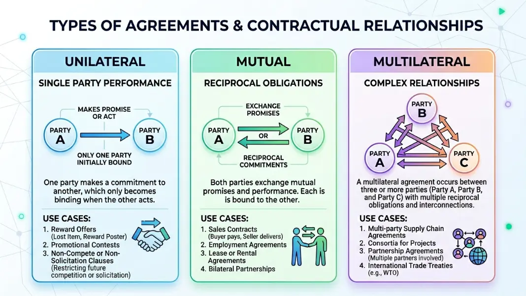 Three NDA types: unilateral, mutual, and multilateral shown with directional flow diagrams