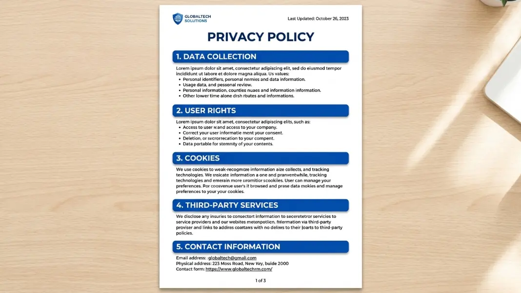 A privacy policy document layout showing clearly labeled sections: data collection, user rights, cookies, third-party services, and contact information, with each section heading highlighted against a clean white background