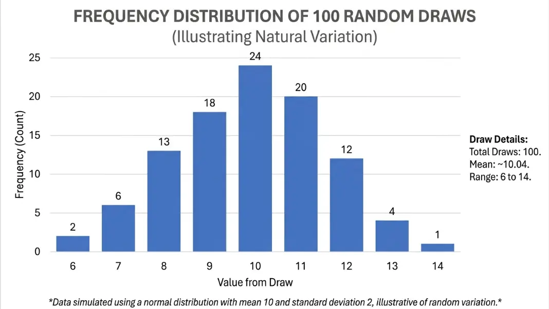 A bar chart showing the frequency distribution of 100 random draws from 1 to 10, with each bar ranging from 6 to 14 occurrences, illustrating the natural variation in small random samples