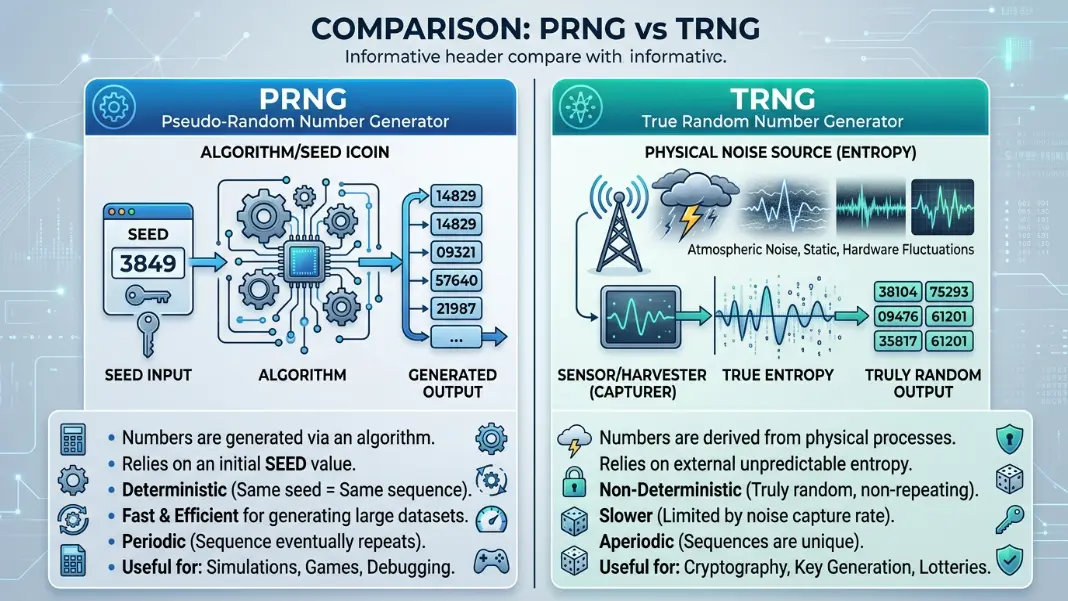 True random vs pseudo-random number generator comparison diagram