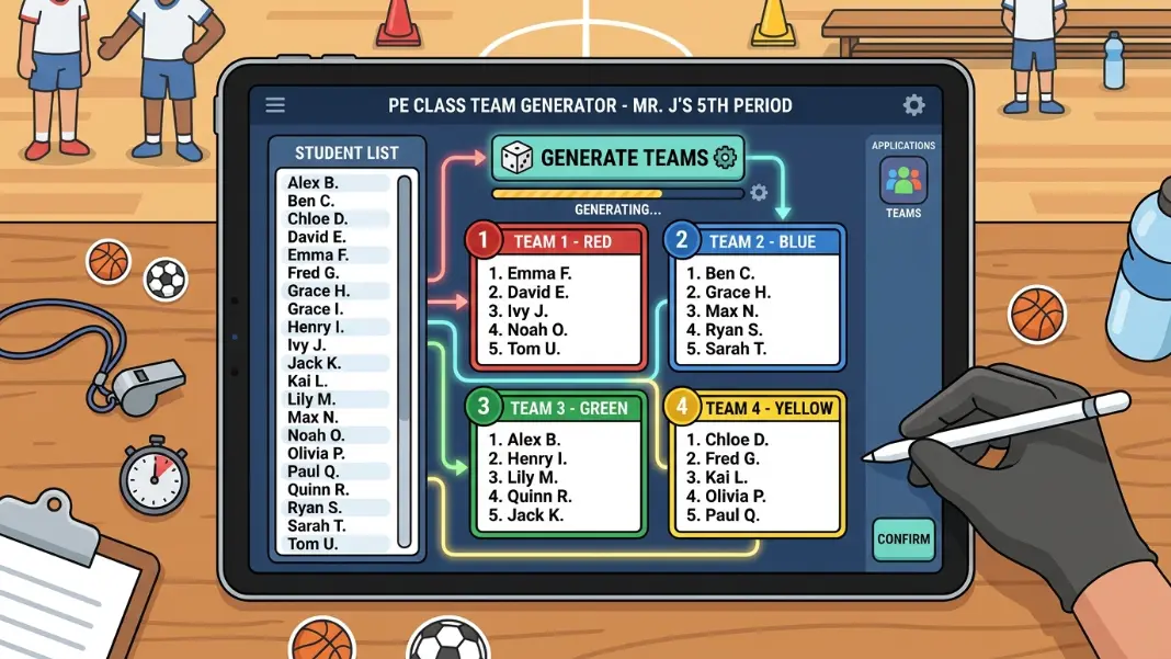 A PE class setting showing student names in a list being split into four color-coded groups of five by a random team generator interface, with group labels displayed in distinct colored cards