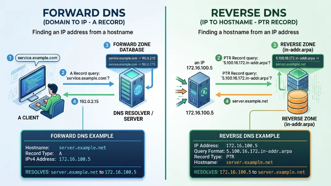 A split diagram showing two lookup types: forward DNS lookup going from domain name to IP address via A record, and reverse DNS lookup going from IP address to hostname via PTR record in the in-addr.arpa zone, with example results for each