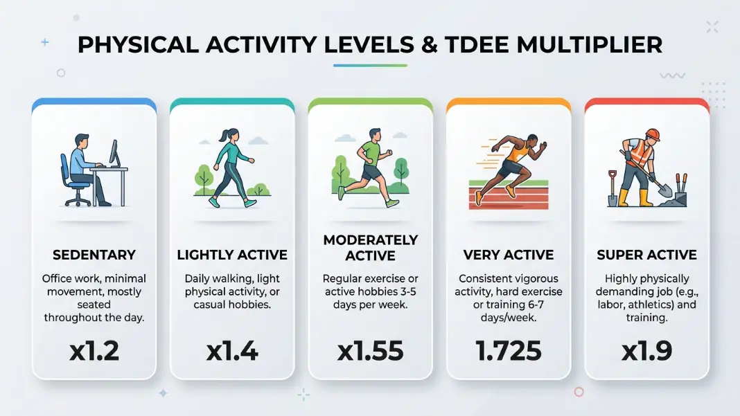 TDEE activity level multipliers from sedentary to extra active